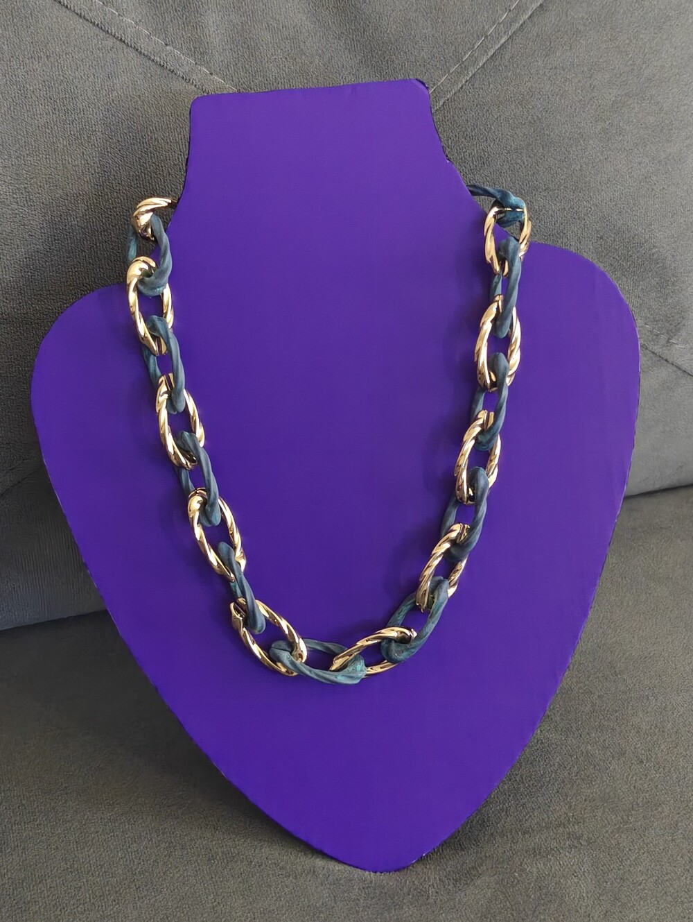 Robert Lee Morris Chunky Gold Chain & Teal Faux Woven Link Statement Necklace